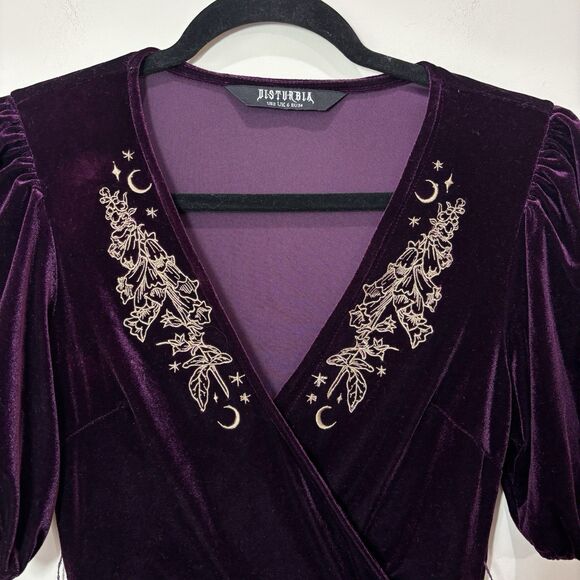 Disturbia Hera Velvet Dress 2 Mini Wrap Purple Celestial Embroidered Whimsigoth - Picture 3 of 10